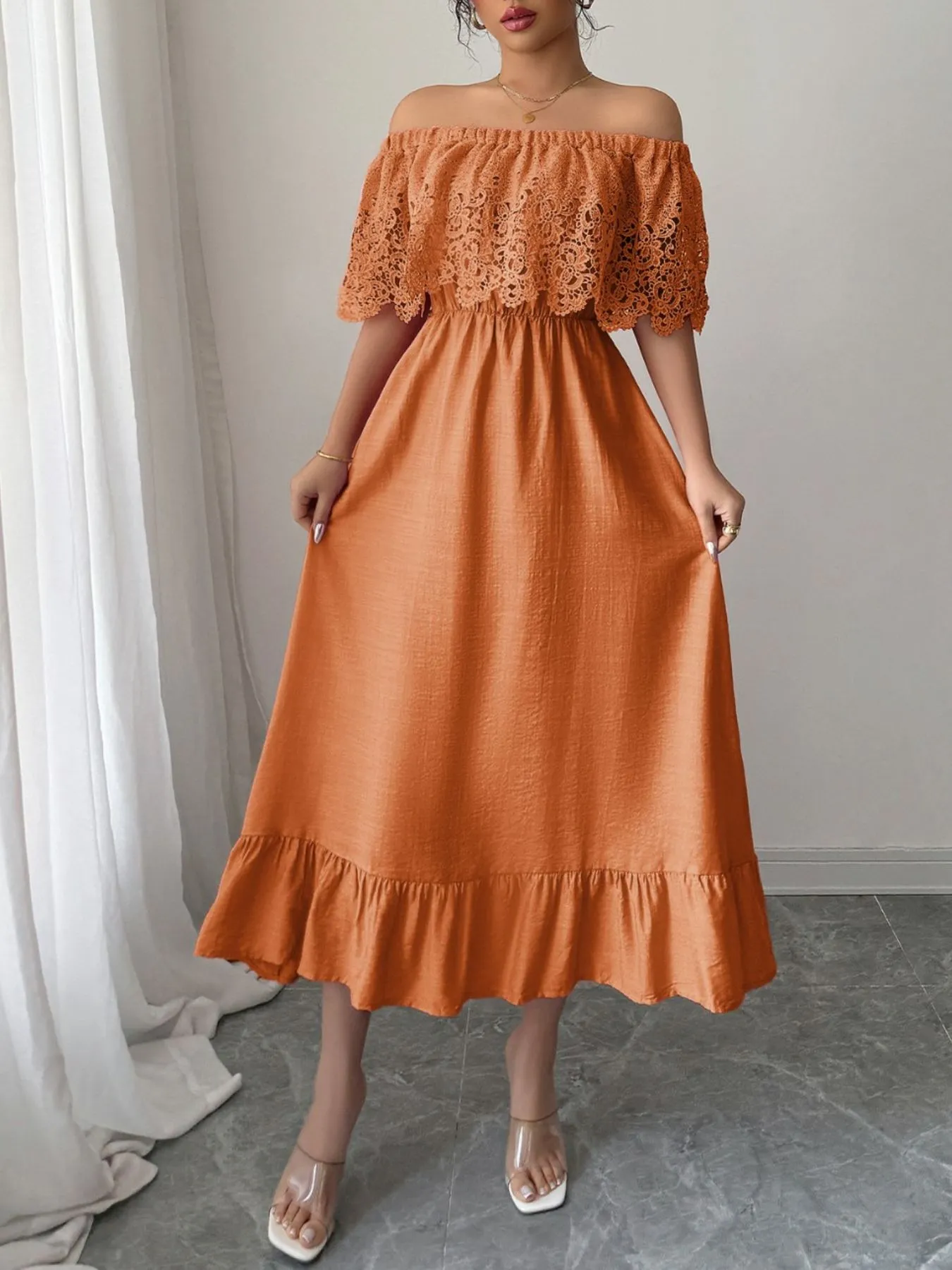 Off-Shoulder Lace Ruffle Midi Dress - Image 4