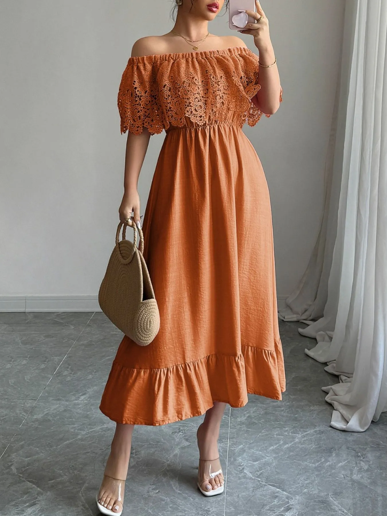 Off-Shoulder Lace Ruffle Midi Dress - Image 5