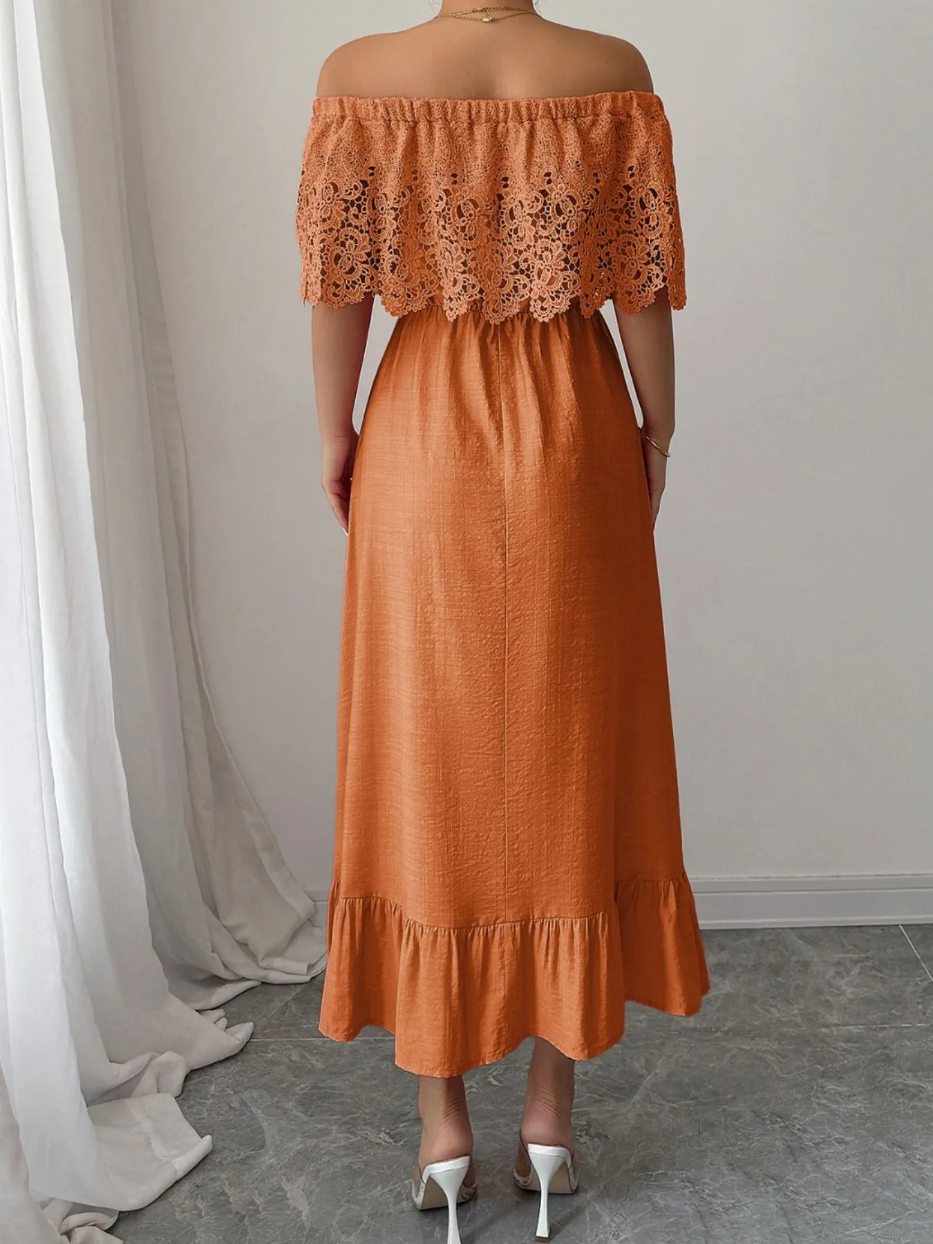 Off-Shoulder Lace Ruffle Midi Dress - Image 6