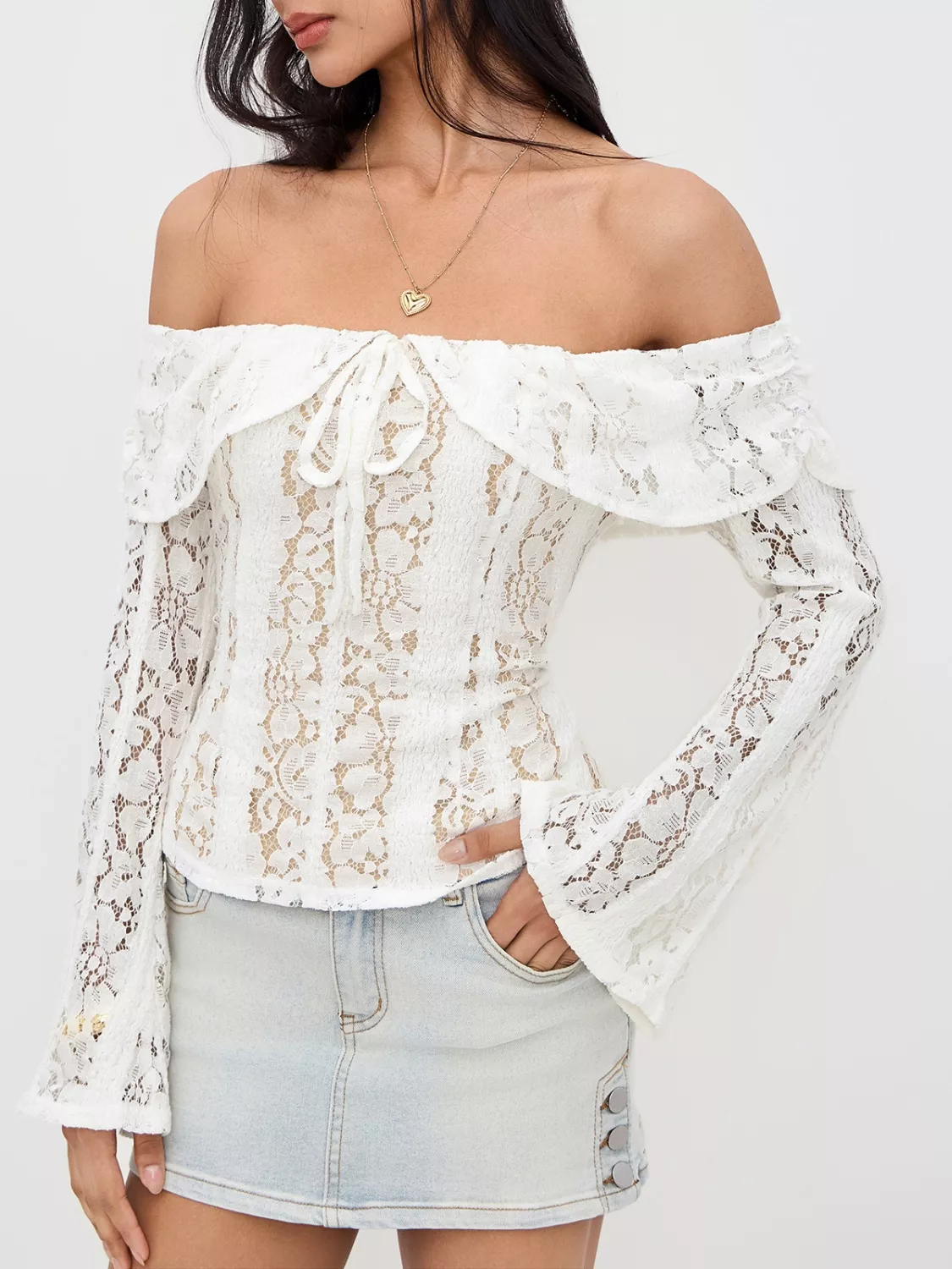 Off-Shoulder Lace Top with Bell Sleeves - Image 2