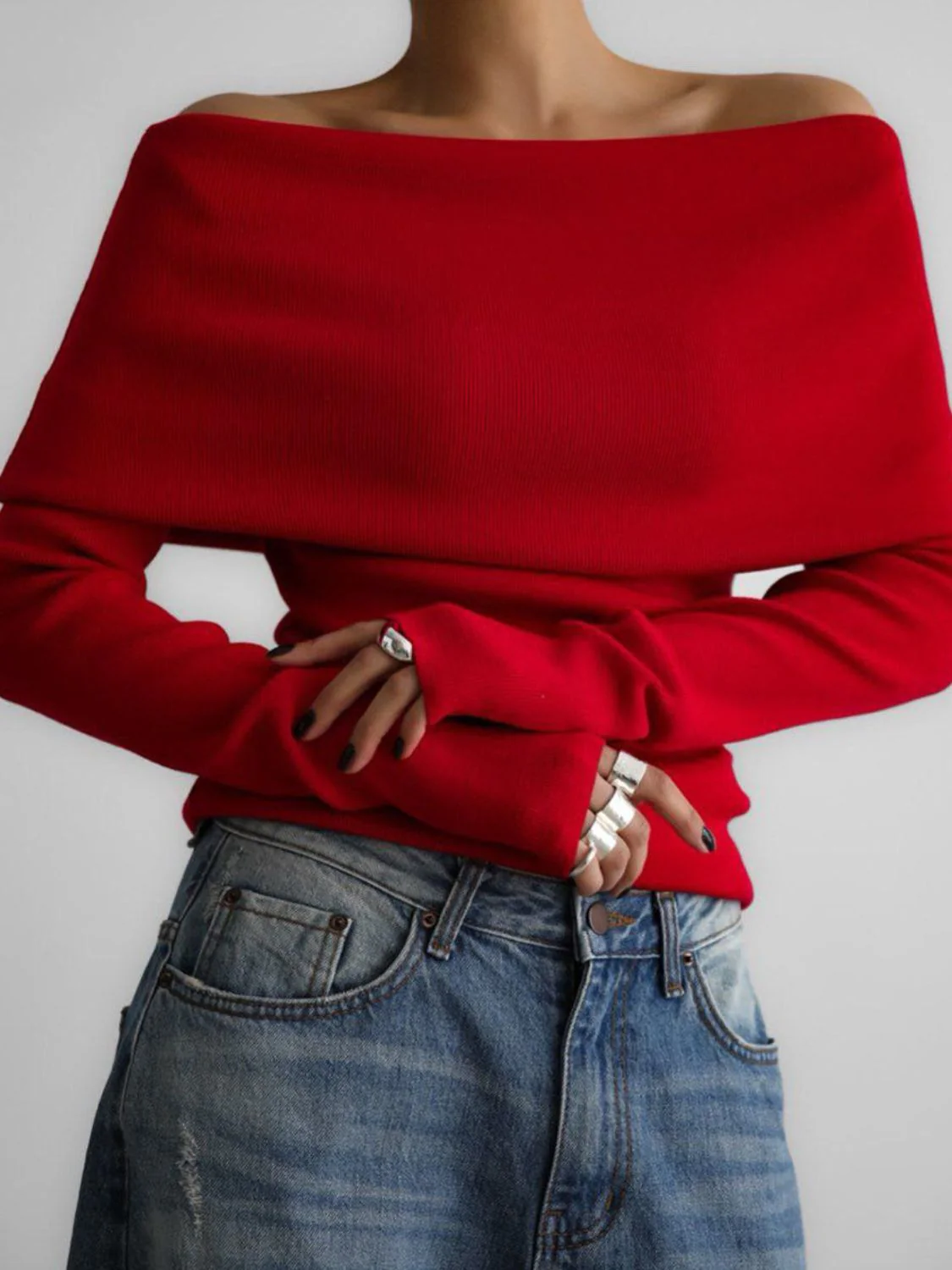 Off-Shoulder Long Sleeve Knit Top - Image 10