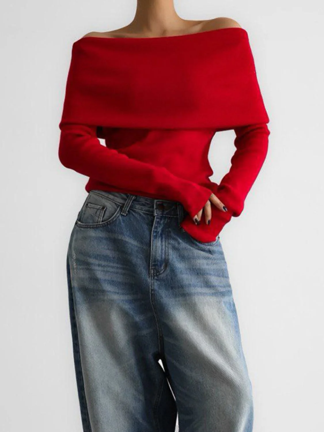 Off-Shoulder Long Sleeve Knit Top - Image 11