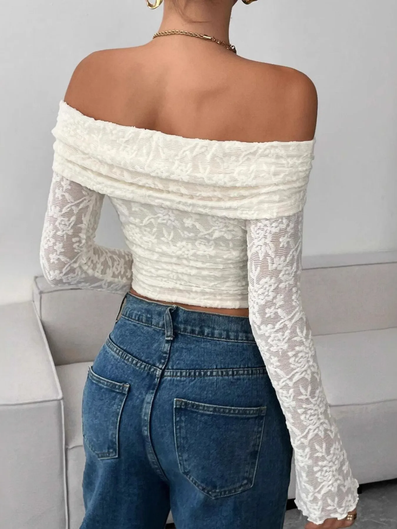 Off Shoulder Long Sleeve Lace Top - Image 2