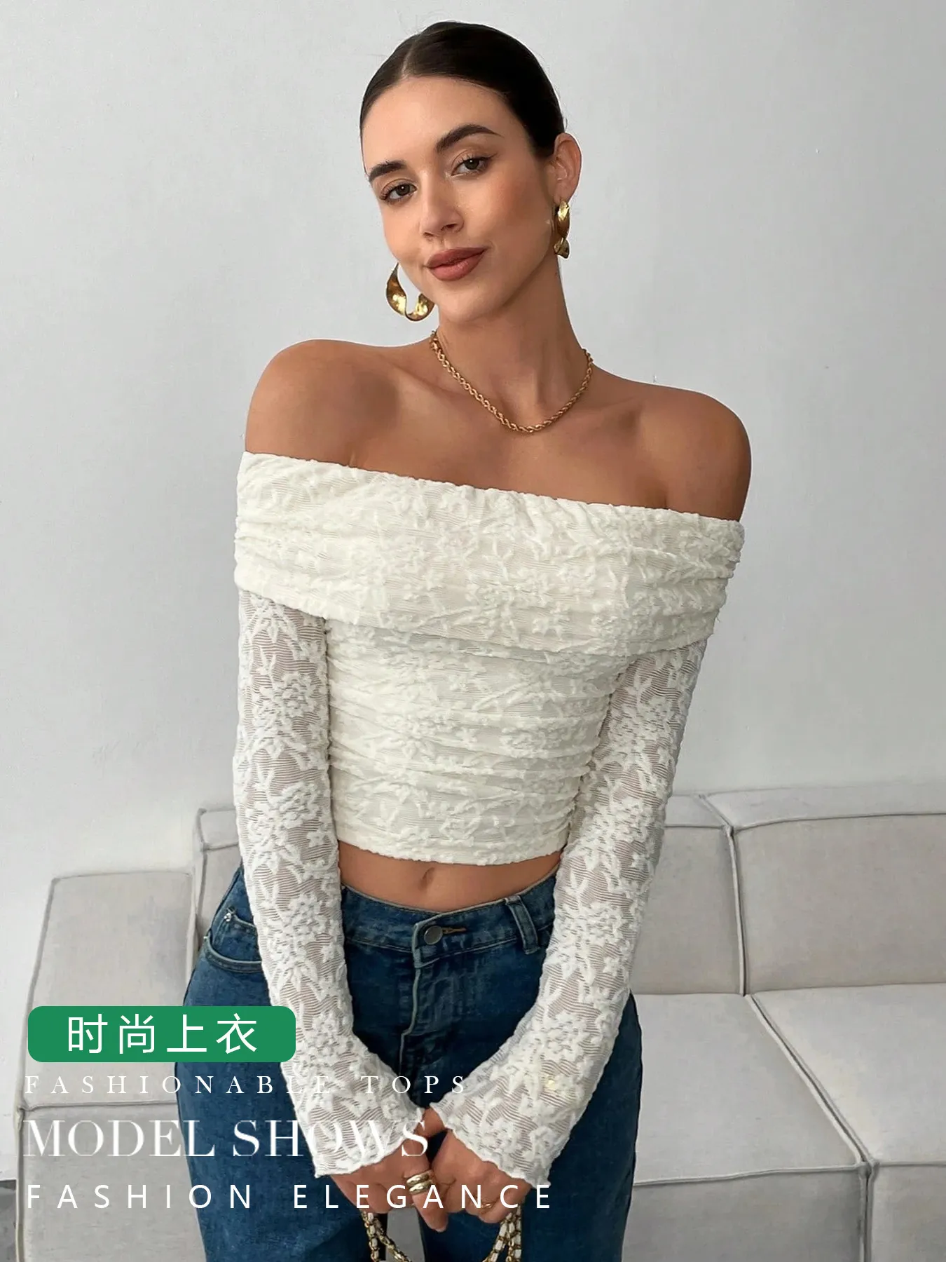 Off Shoulder Long Sleeve Lace Top - Image 3