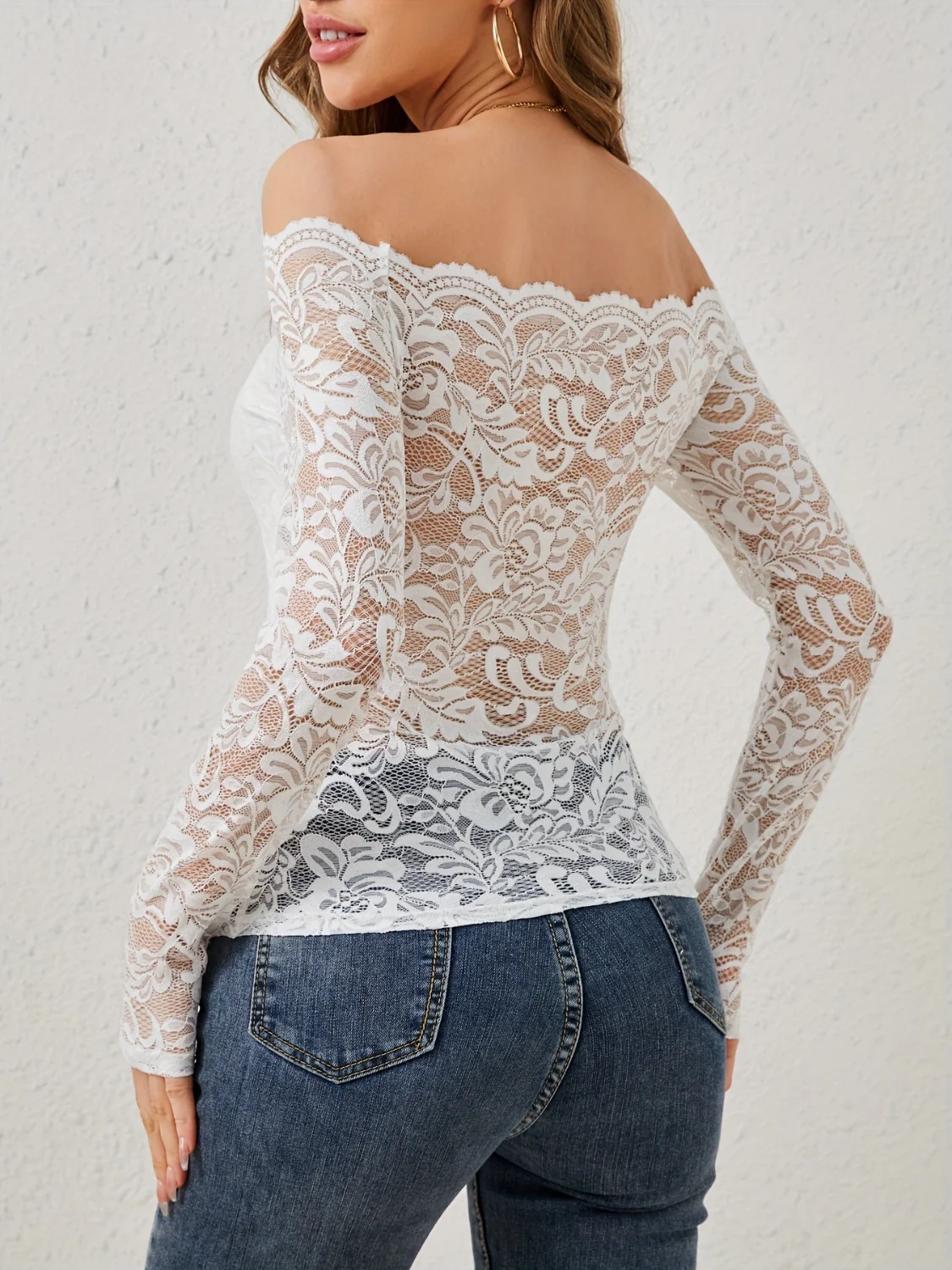 Off-Shoulder Long Sleeve Lace Top - Image 9