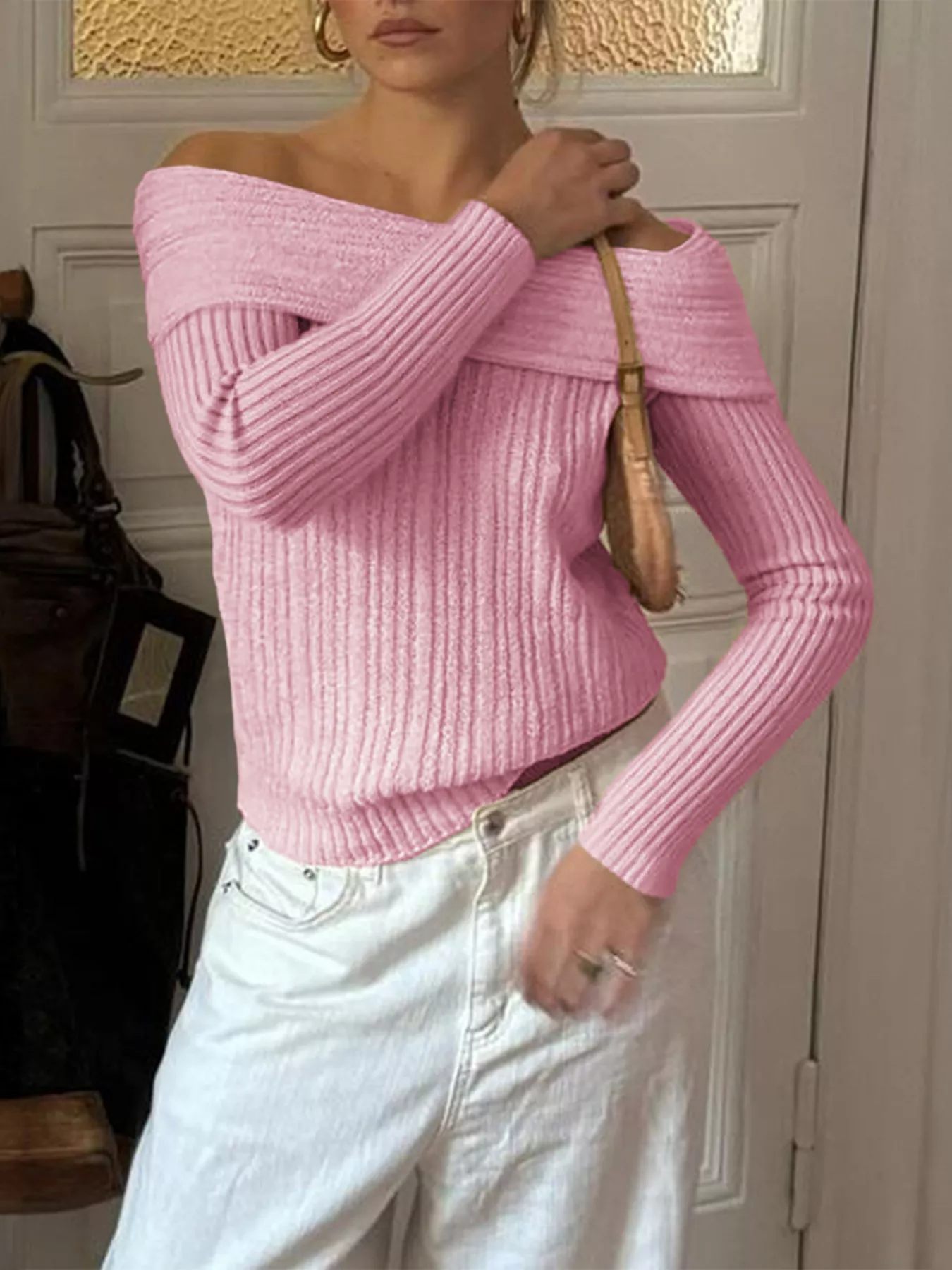Off-Shoulder Ribbed Knit Sweater - Image 11