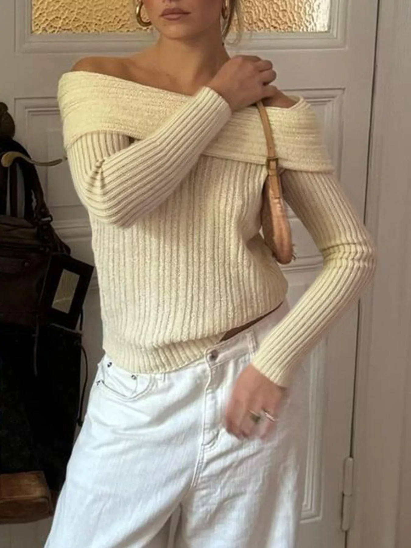 Off-Shoulder Ribbed Knit Sweater - Image 8