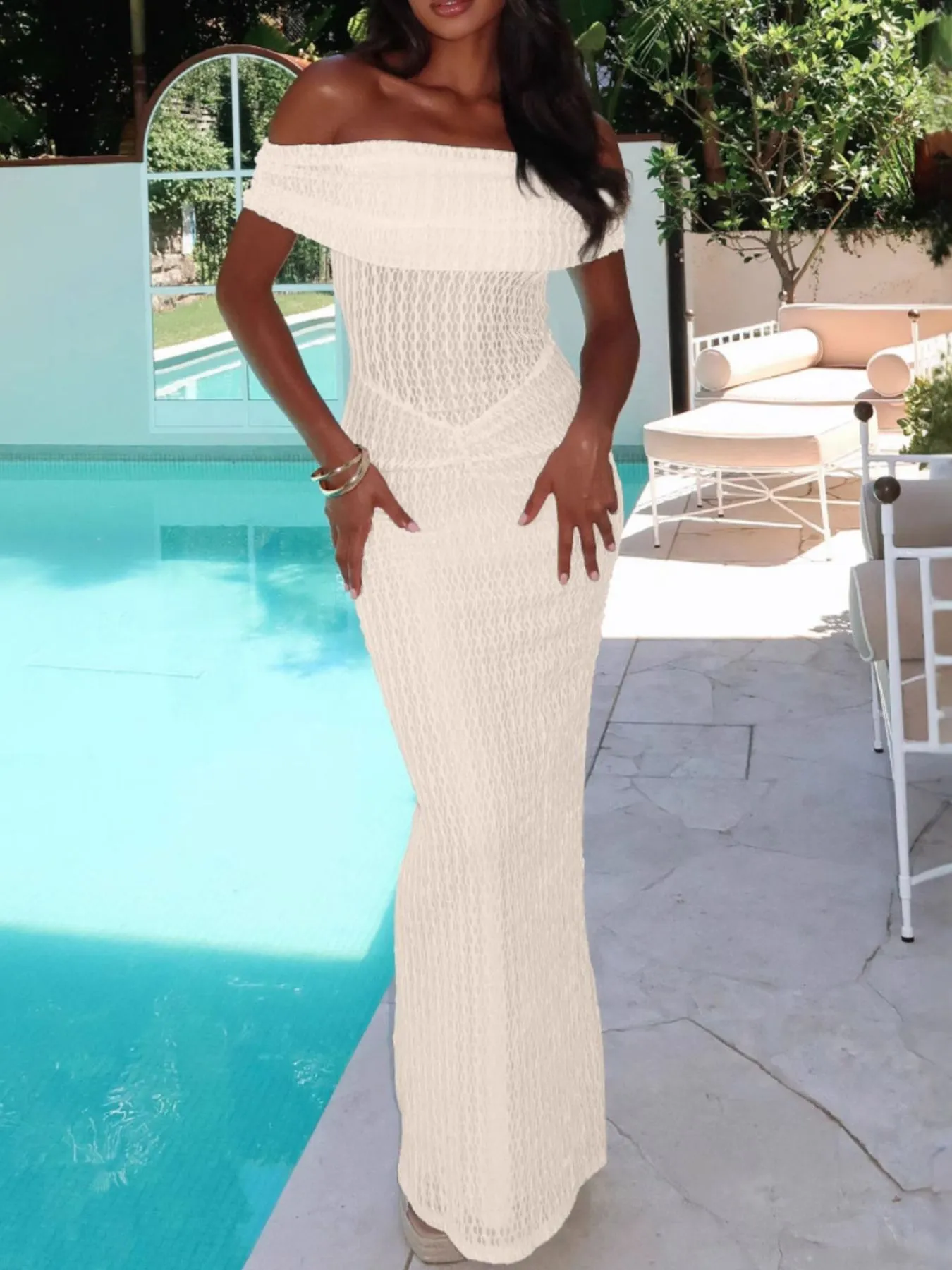 Off Shoulder Texture Maxi Dress - Image 4