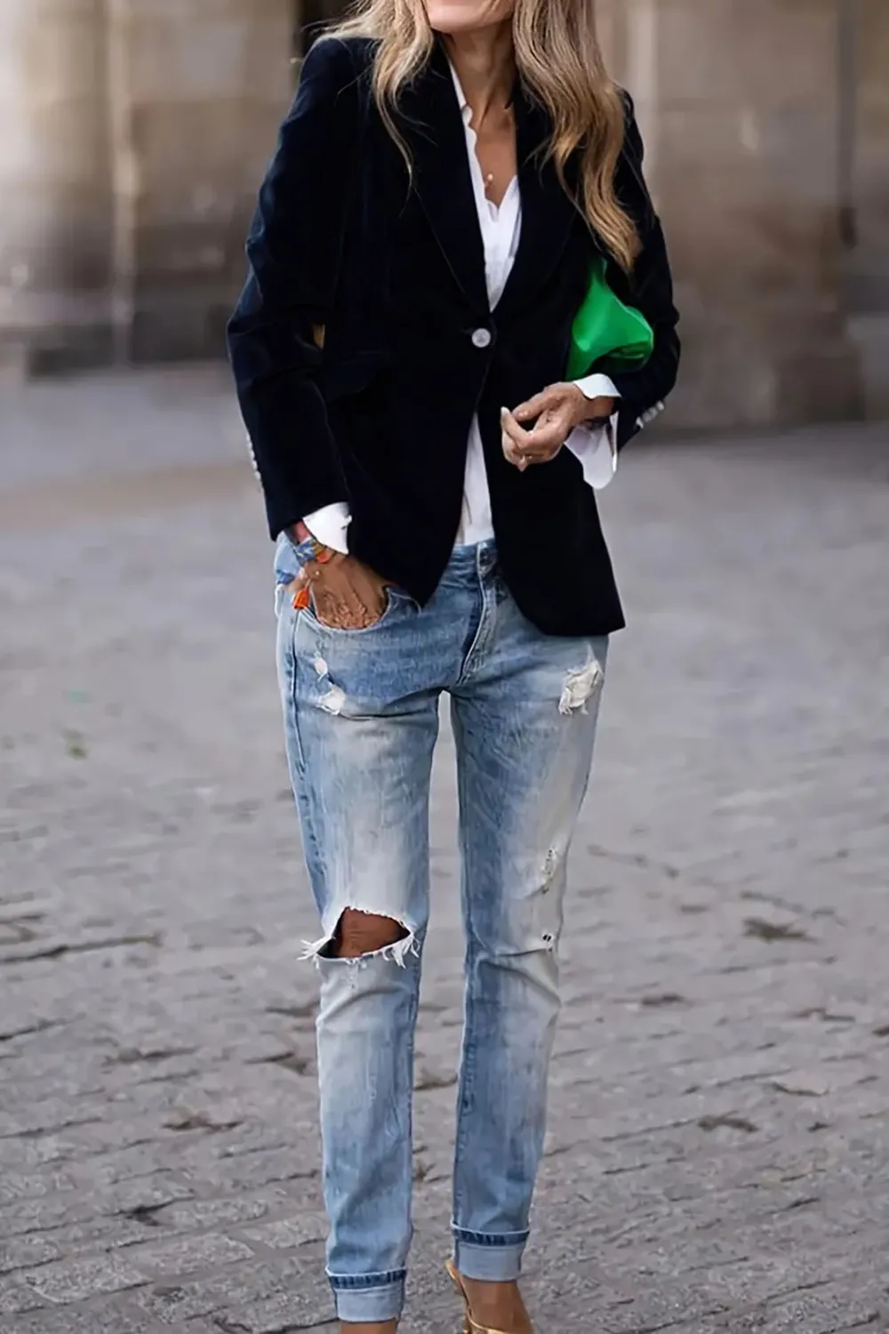 One Button Lapel Collar Long Sleeve Blazer - Image 10