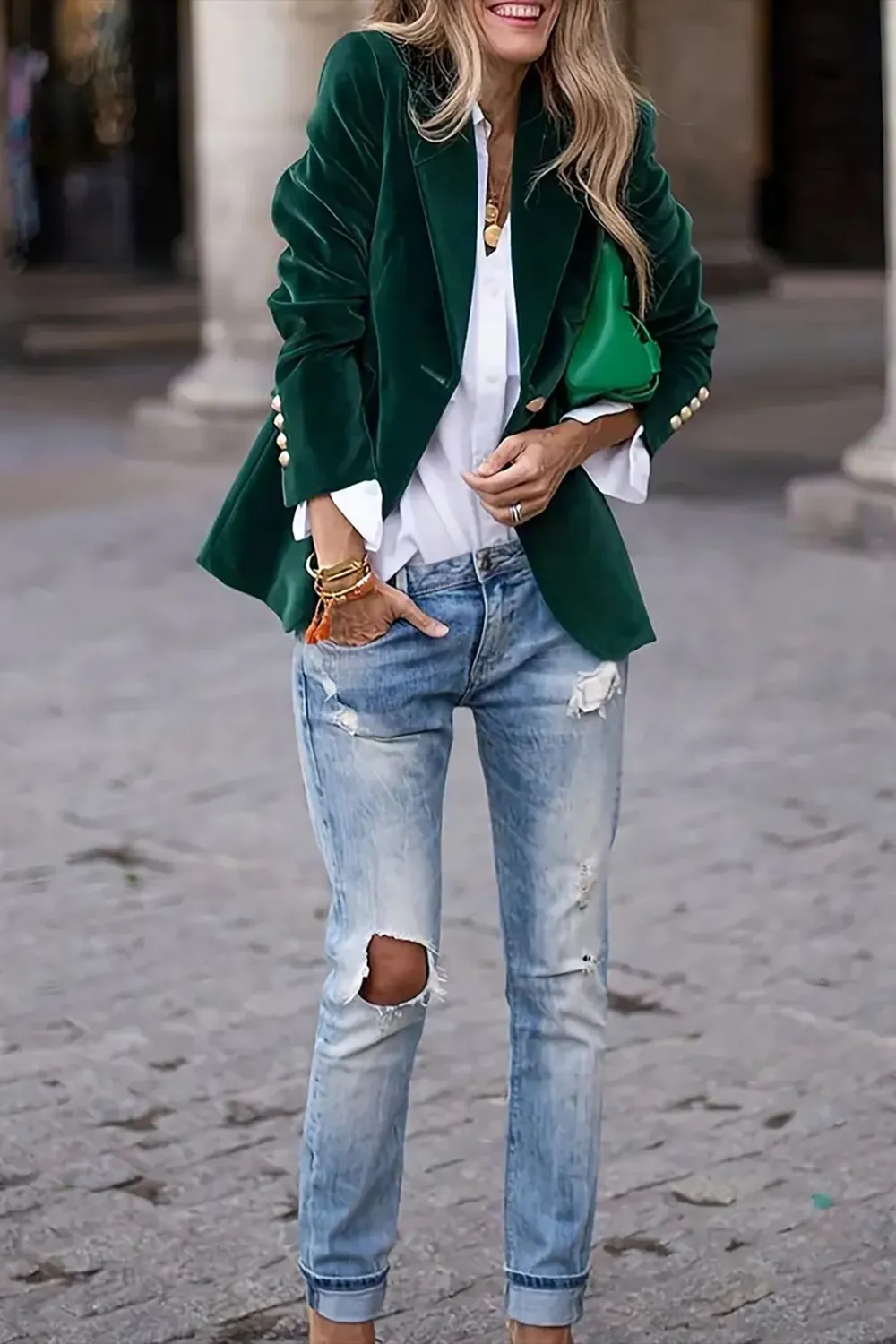One Button Lapel Collar Long Sleeve Blazer - Image 5