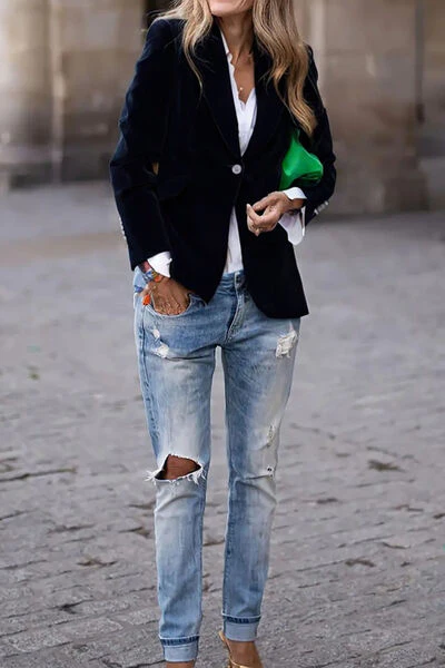 One Button Lapel Collar Long Sleeve Blazer - Image 2