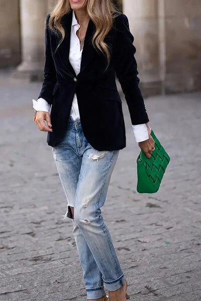 One Button Lapel Collar Long Sleeve Blazer - Image 3