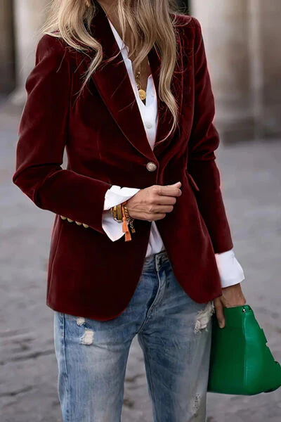 One Button Lapel Collar Long Sleeve Blazer - Image 4