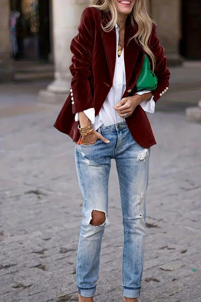 One Button Lapel Collar Long Sleeve Blazer - Image 6