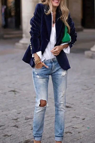 One Button Lapel Collar Long Sleeve Blazer - Image 8