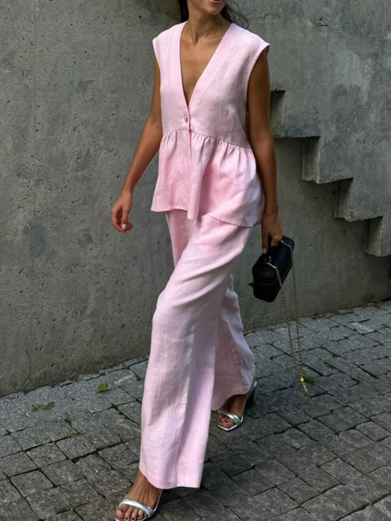 One Button Peplum Top and Pants Set