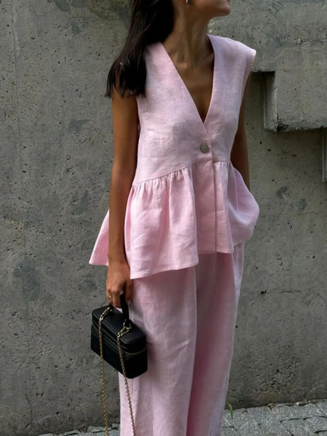 One Button Peplum Top and Pants Set - Image 2