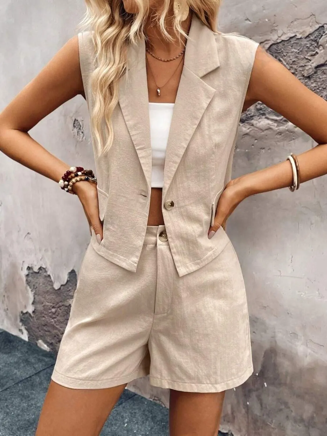 One Button Sleeveless Top and Shorts Set