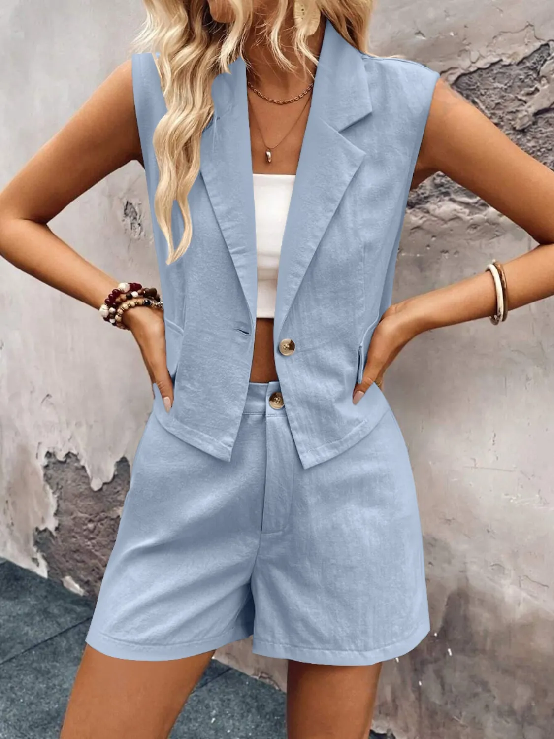 One Button Sleeveless Top and Shorts Set - Image 9