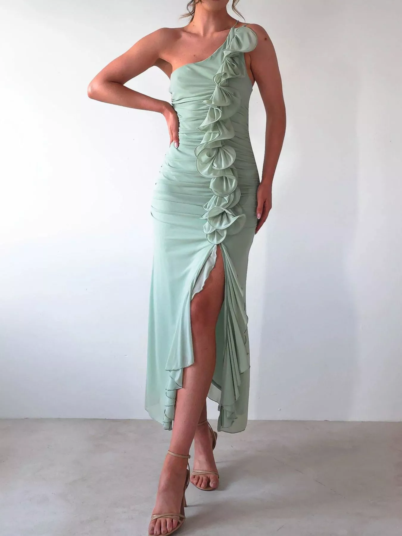 One-Shoulder Ruffle Slit Dress - Image 2