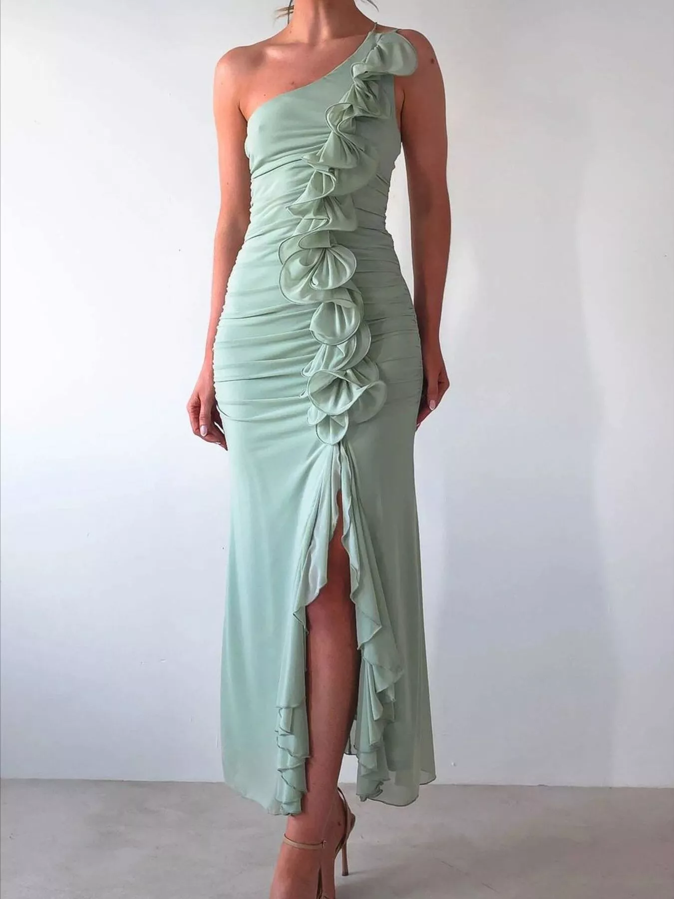 One-Shoulder Ruffle Slit Dress - Image 3