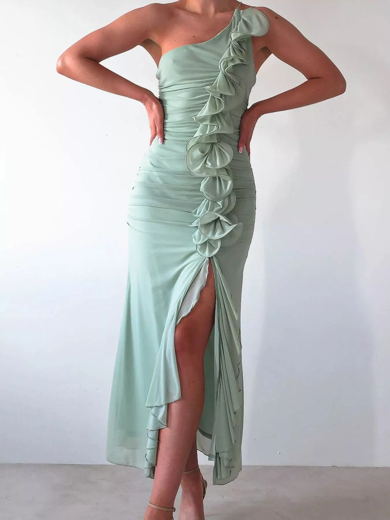 One-Shoulder Ruffle Slit Dress - Image 4
