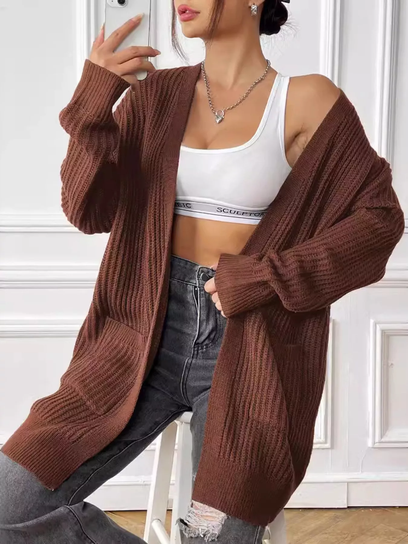 Open Front Drop Shoulder Cardigan - Image 13