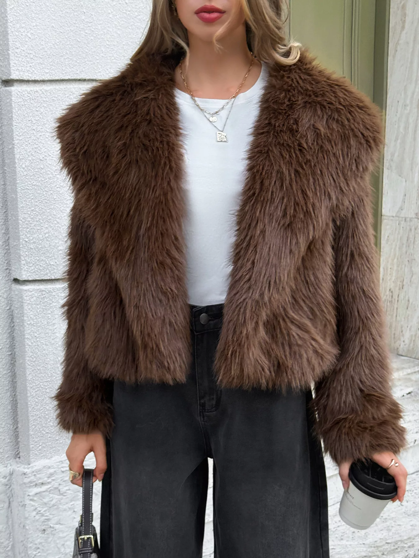 Open Front Faux Fur Cropped Jacket - Image 2