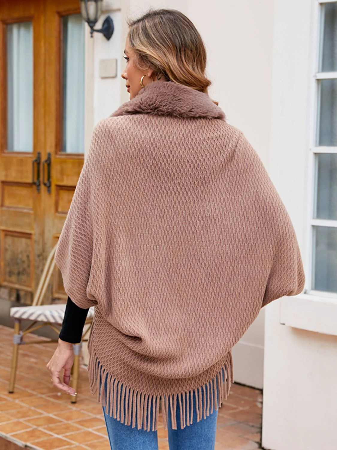 Open Front Fringe Hem Poncho - Image 2