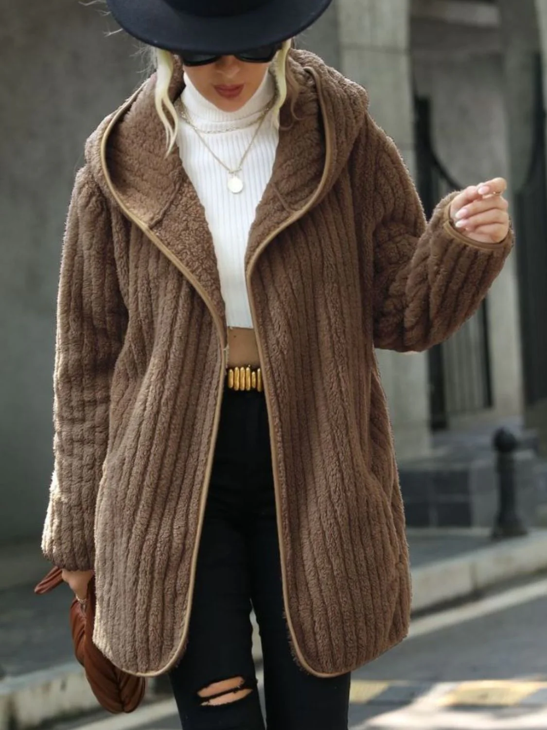 Open Front Ribbed Hooded Coat - Image 10