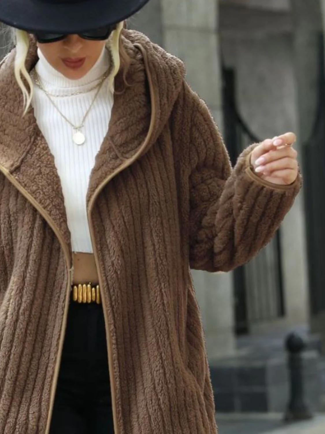 Open Front Ribbed Hooded Coat - Image 11