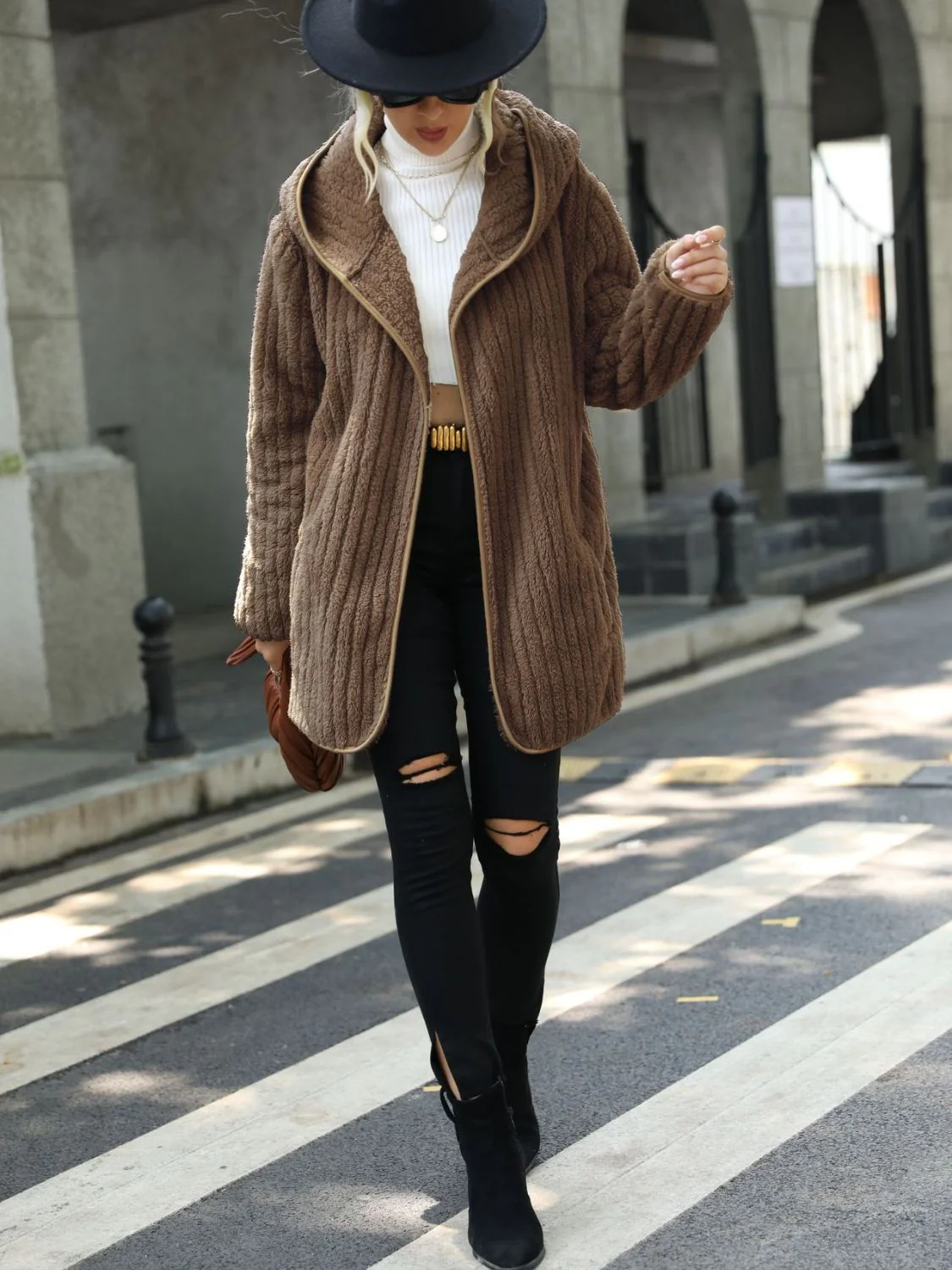 Open Front Ribbed Hooded Coat - Image 12
