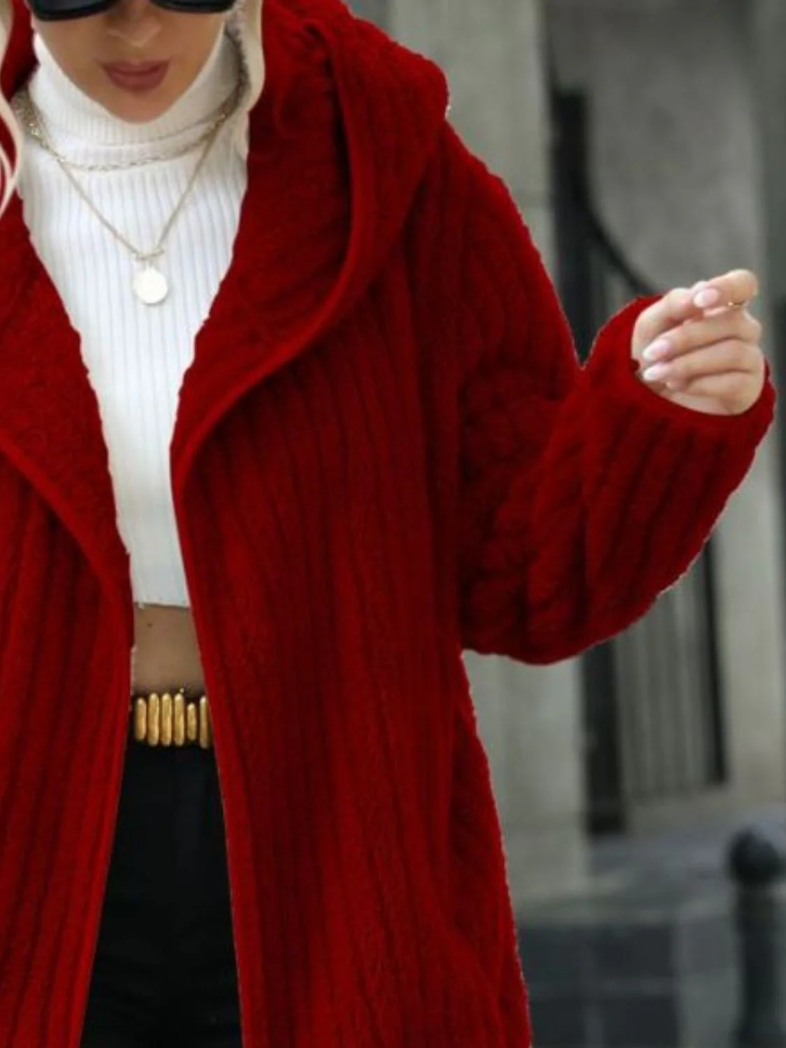 Open Front Ribbed Hooded Coat - Image 5