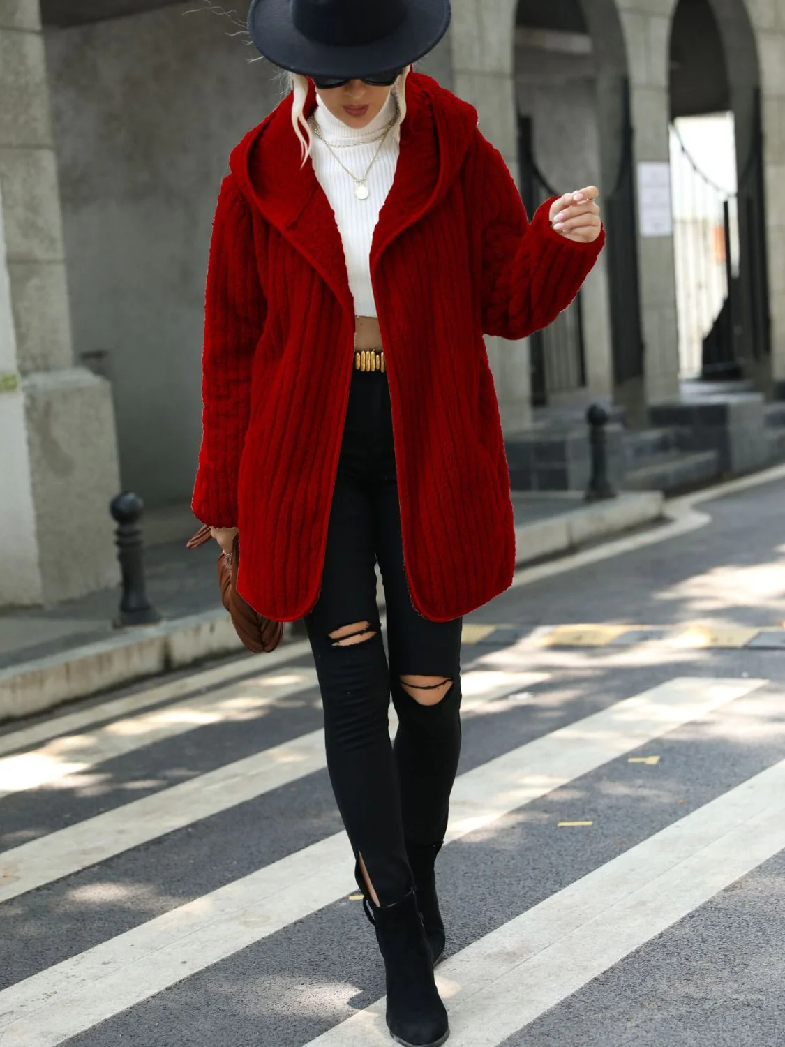 Open Front Ribbed Hooded Coat - Image 6