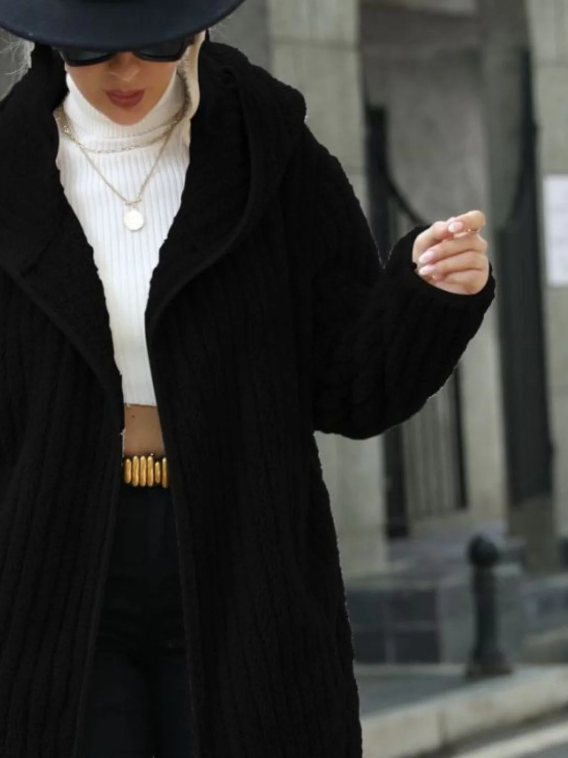 Open Front Ribbed Hooded Coat - Image 8