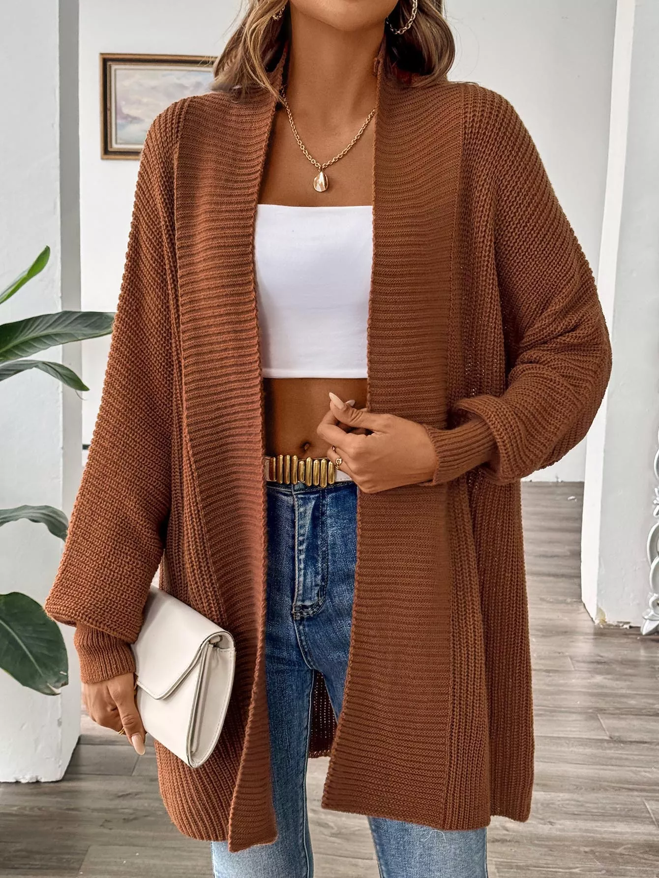 Open Front Ribbed Knit Cardigan - Image 4