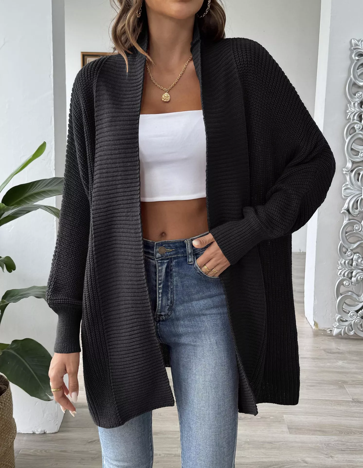 Open Front Ribbed Knit Cardigan - Image 7