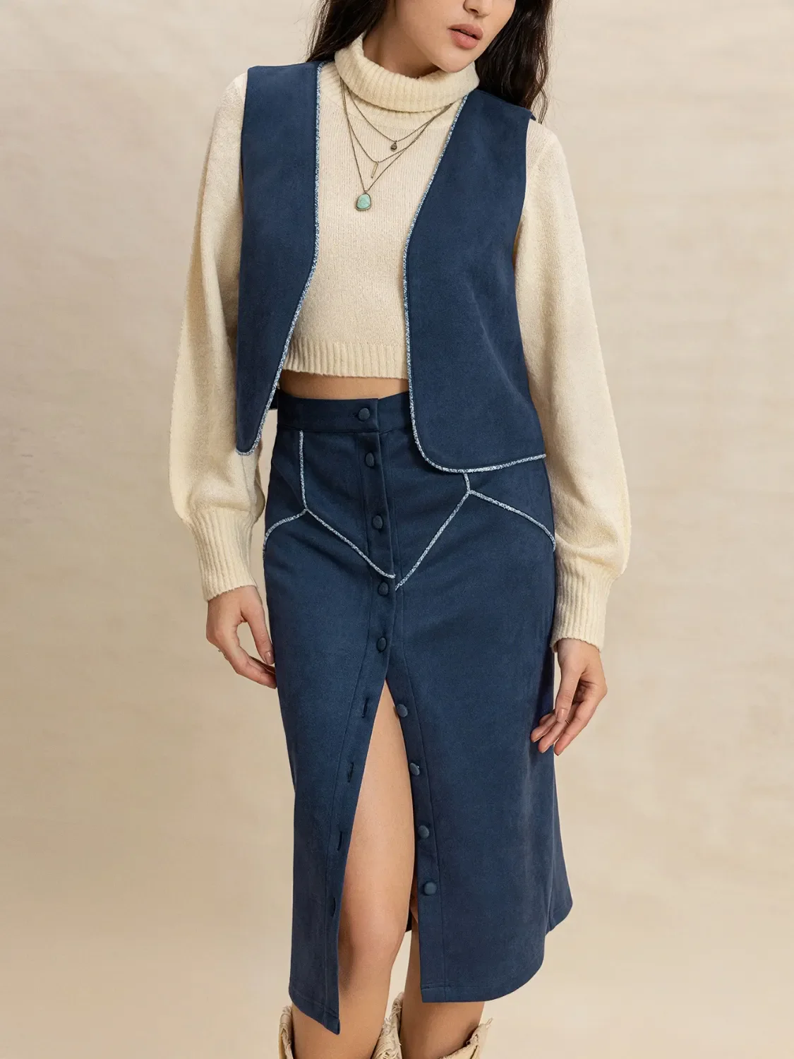 Open Front Vest and Buttoned Skirt Set - Image 2