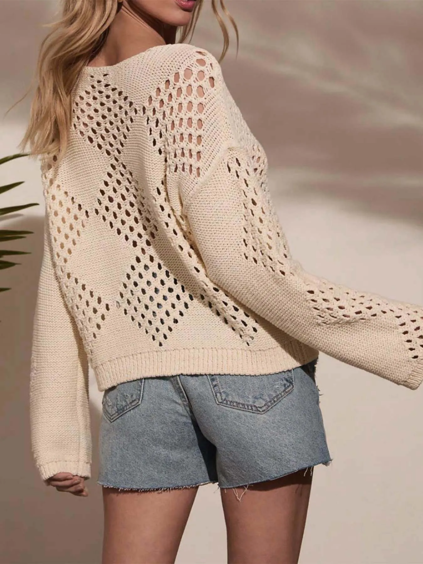Openwork Boat Neck Long Sleeve Sweater - Image 2
