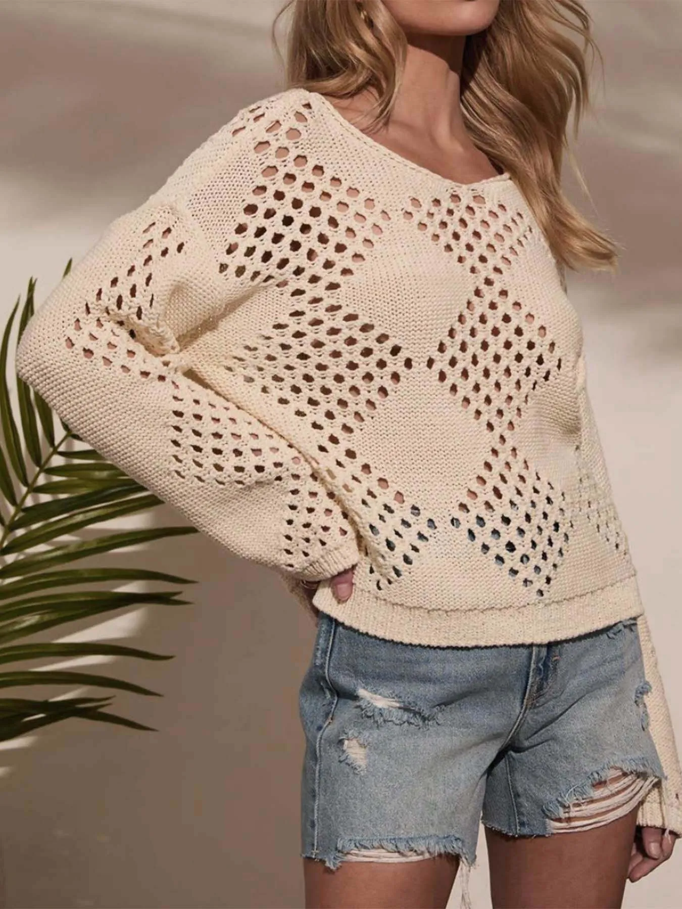 Openwork Boat Neck Long Sleeve Sweater - Image 3