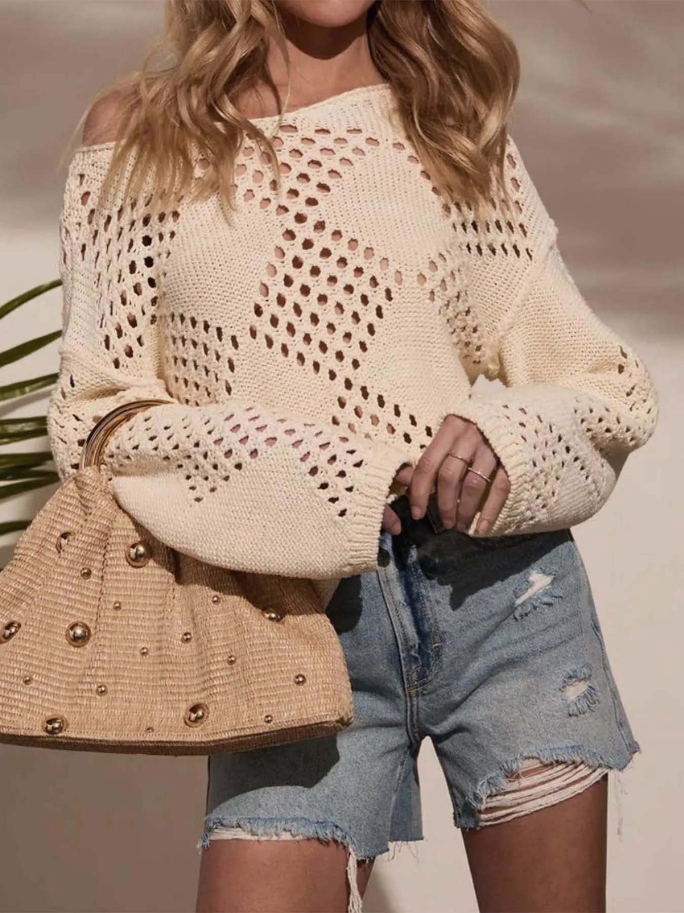 Openwork Boat Neck Long Sleeve Sweater - Image 4