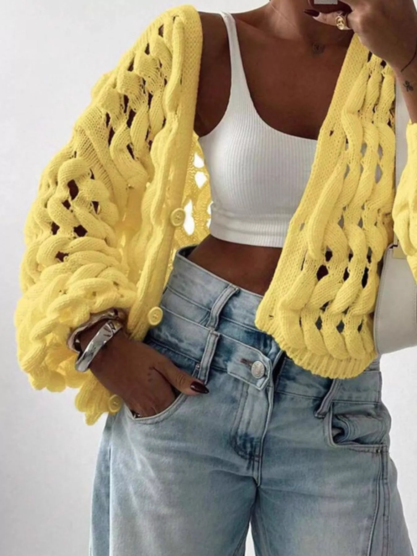 Openwork Button Up V-Neck Cardigan - Image 10