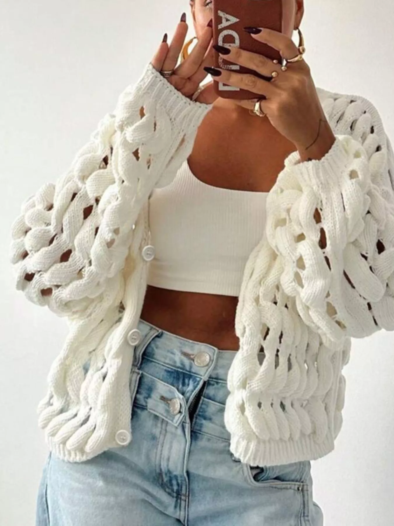Openwork Button Up V-Neck Cardigan - Image 2