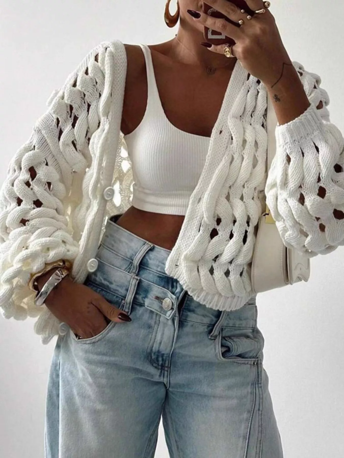 Openwork Button Up V-Neck Cardigan - Image 4