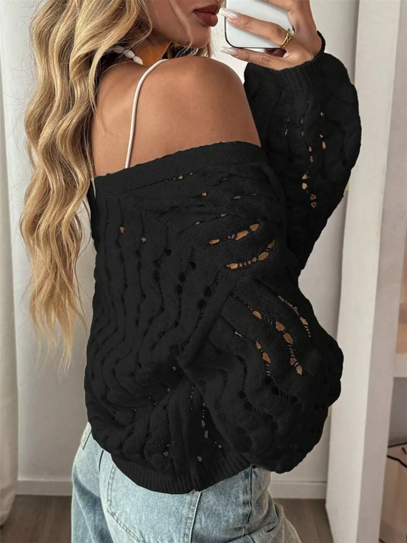Openwork Button Up V-Neck Cardigan - Image 6
