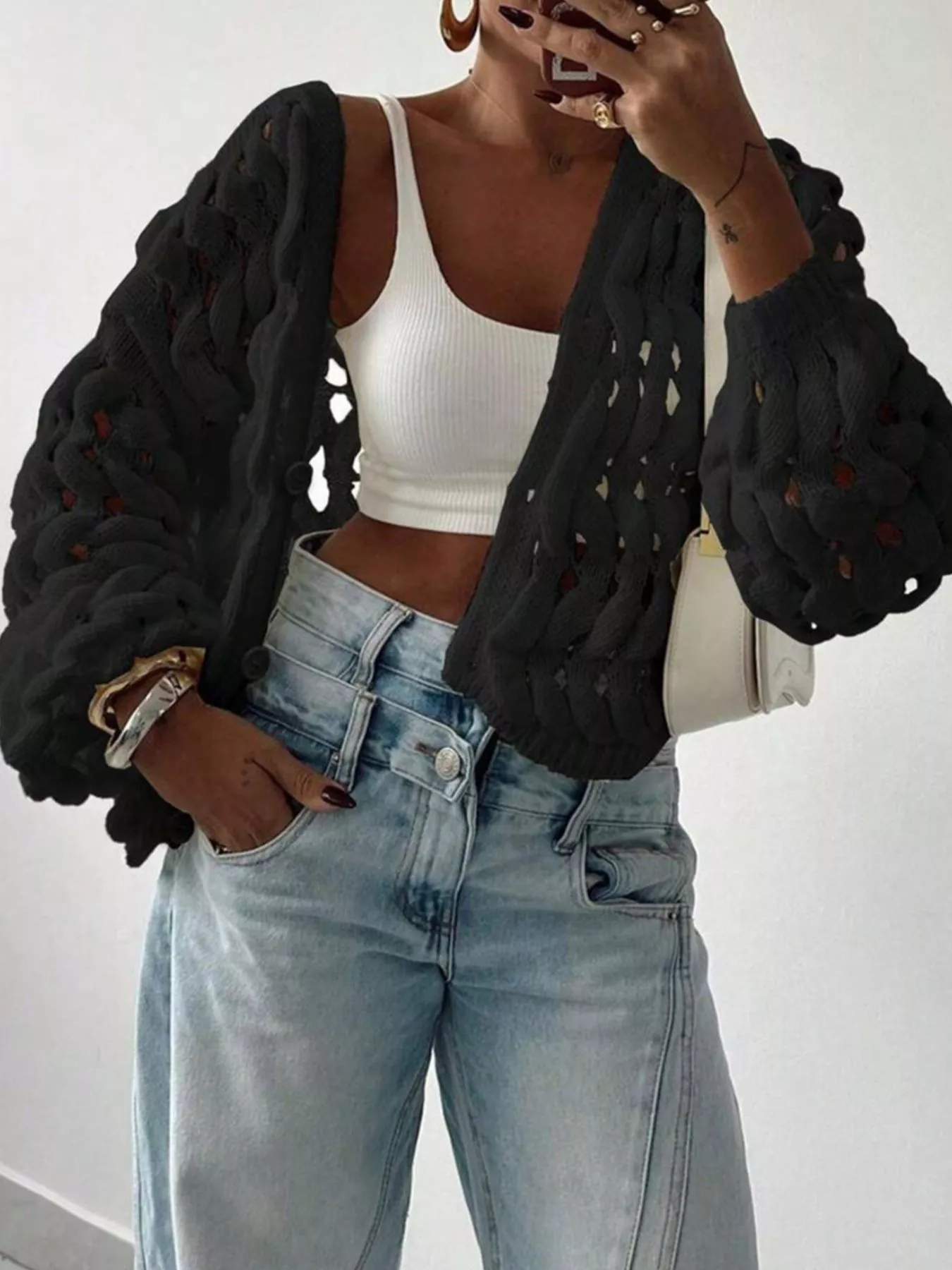 Openwork Button Up V-Neck Cardigan - Image 7