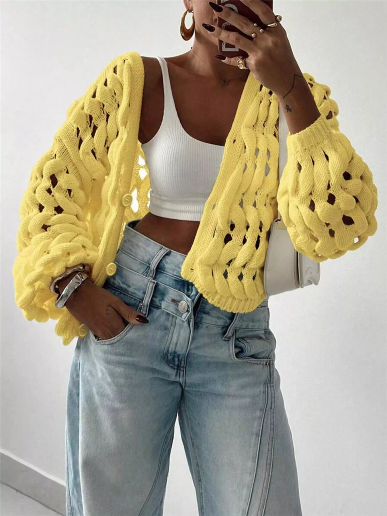 Openwork Button Up V-Neck Cardigan - Image 9