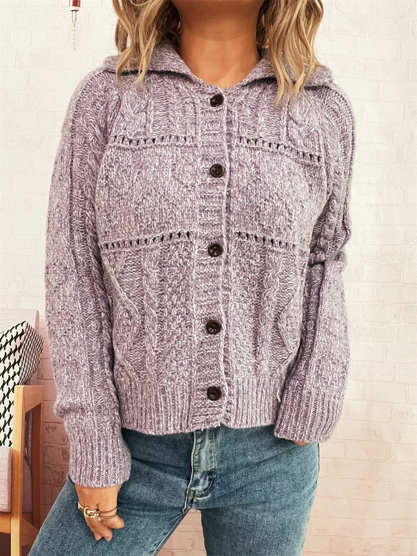 Openwork Cable Knit Button-Up Cardigan - Image 17
