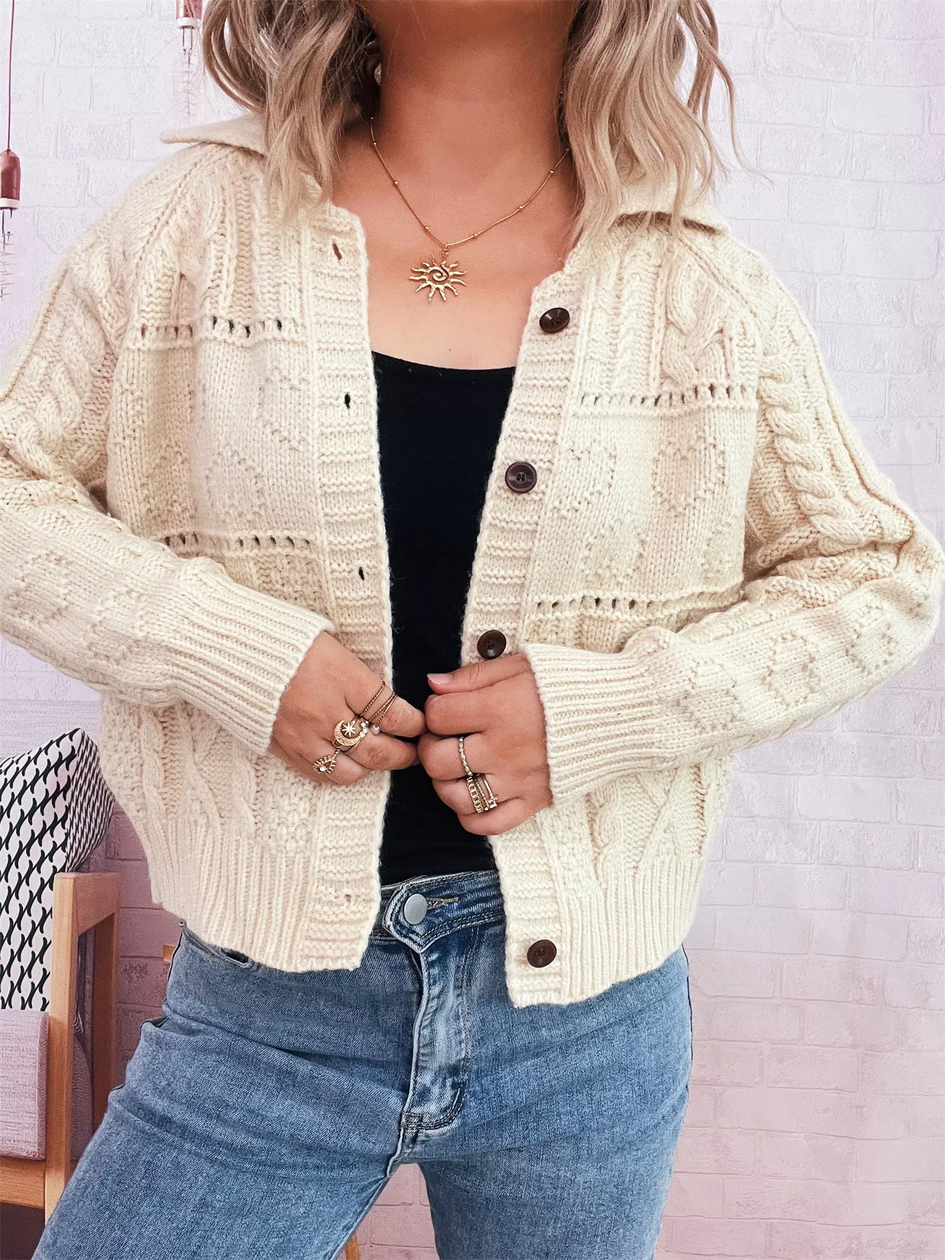 Openwork Cable Knit Button-Up Cardigan - Image 2