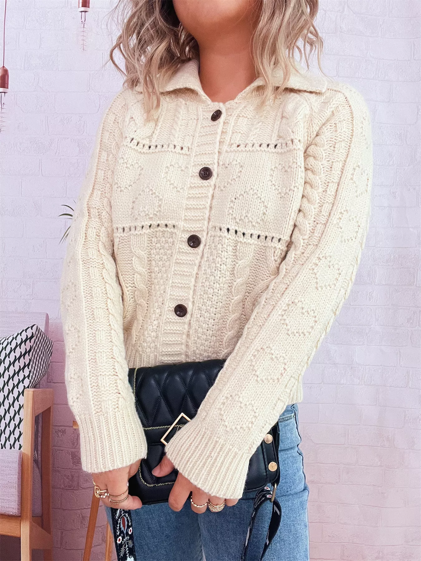 Openwork Cable Knit Button-Up Cardigan - Image 3
